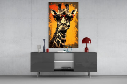 Retro Giraffe Red Shades Orange Glass Wall Art
