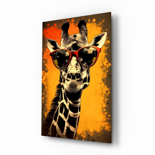 Angled perspective of glass wall art depicting a giraffe wearing red sunglasses against orange and brown splattered background.