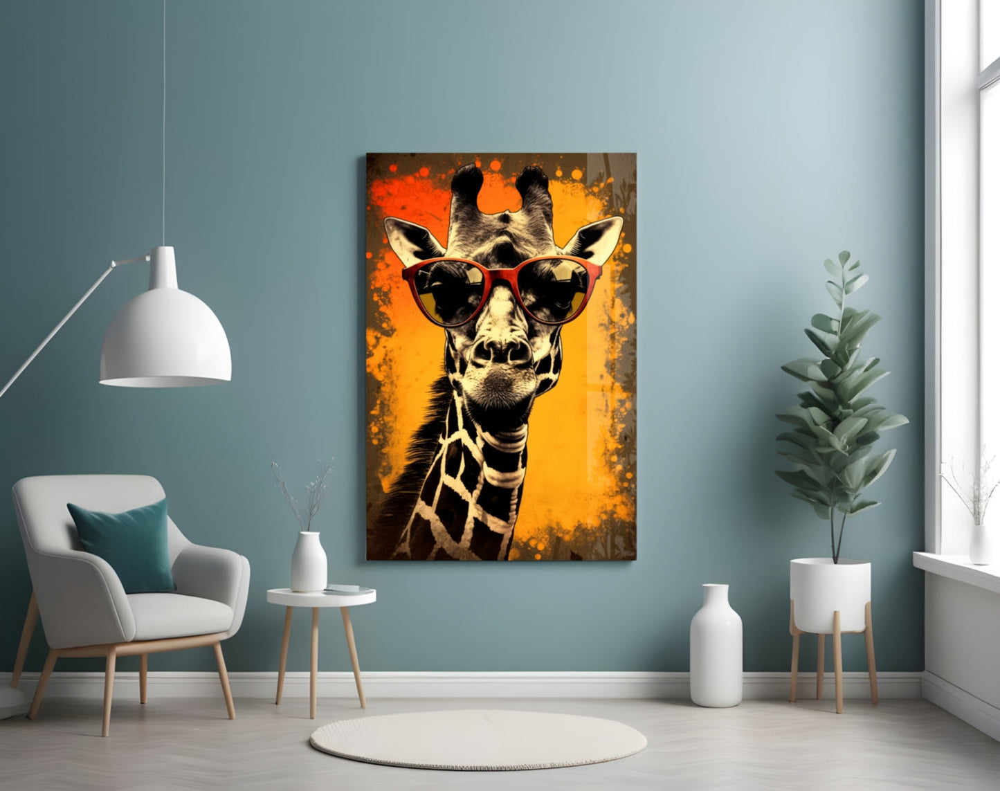 Retro Giraffe Red Shades Orange Glass Wall Art