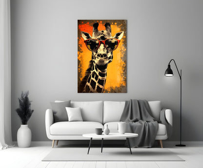Retro Giraffe Red Shades Orange Glass Wall Art