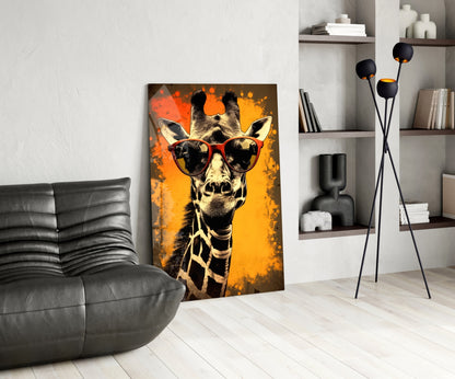 Retro Giraffe Red Shades Orange Glass Wall Art