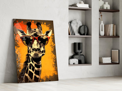 Retro Giraffe Red Shades Orange Glass Wall Art