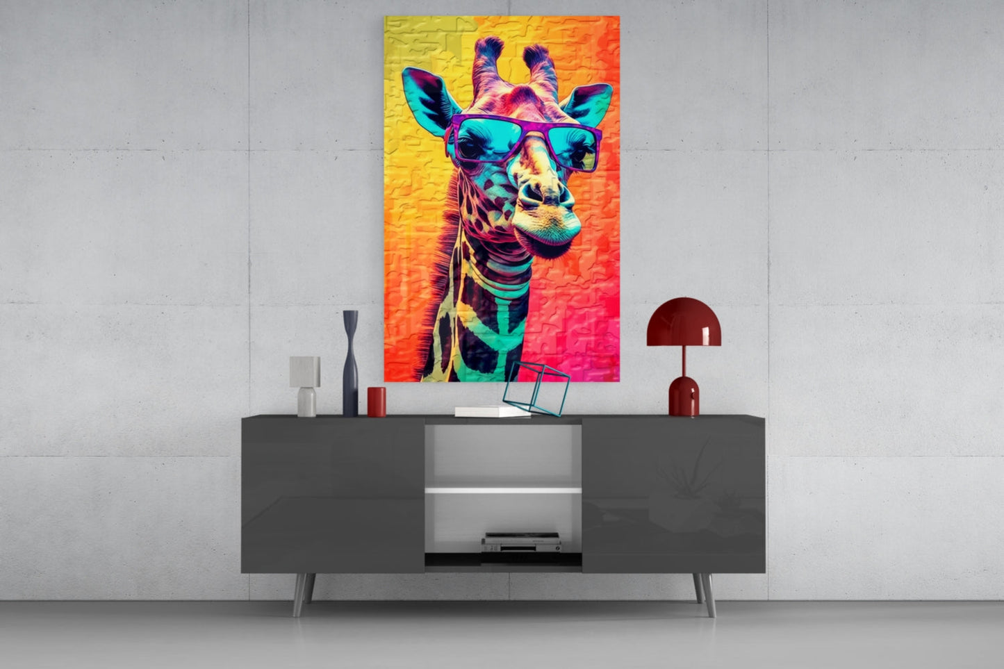 Neon Pop Giraffe Purple Shades Glass Wall Art
