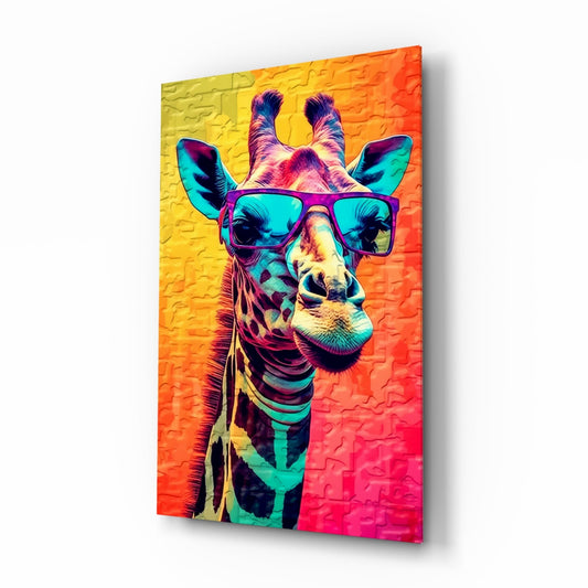 Colorful neon pop art giraffe wearing purple sunglasses displayed on textured glass wall art with vibrant gradient background transitioning from yellow to pink.
