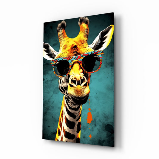 Angled view of glass wall art showing a colorful giraffe wearing patterned sunglasses against a teal textured background.