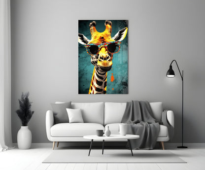 Paisley Shades Giraffe Dark Teal Glass Wall Art