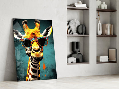 Paisley Shades Giraffe Dark Teal Glass Wall Art