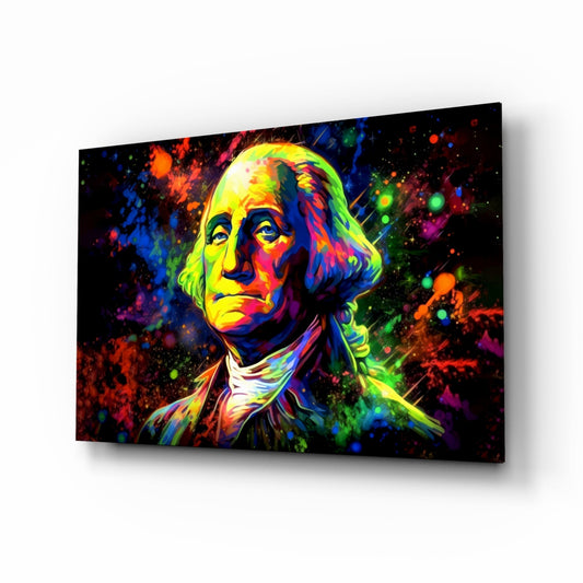 Angled perspective of a glass wall art panel displaying a vibrant neon portrait of George Washington with colorful paint splatters on black background.