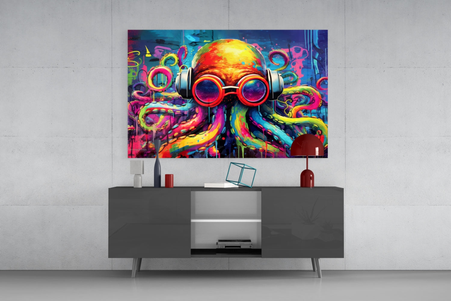 Colorful graffiti-style octopus glass wall art with headphones and glowing eyes displayed above gray media console in modern interior setting.