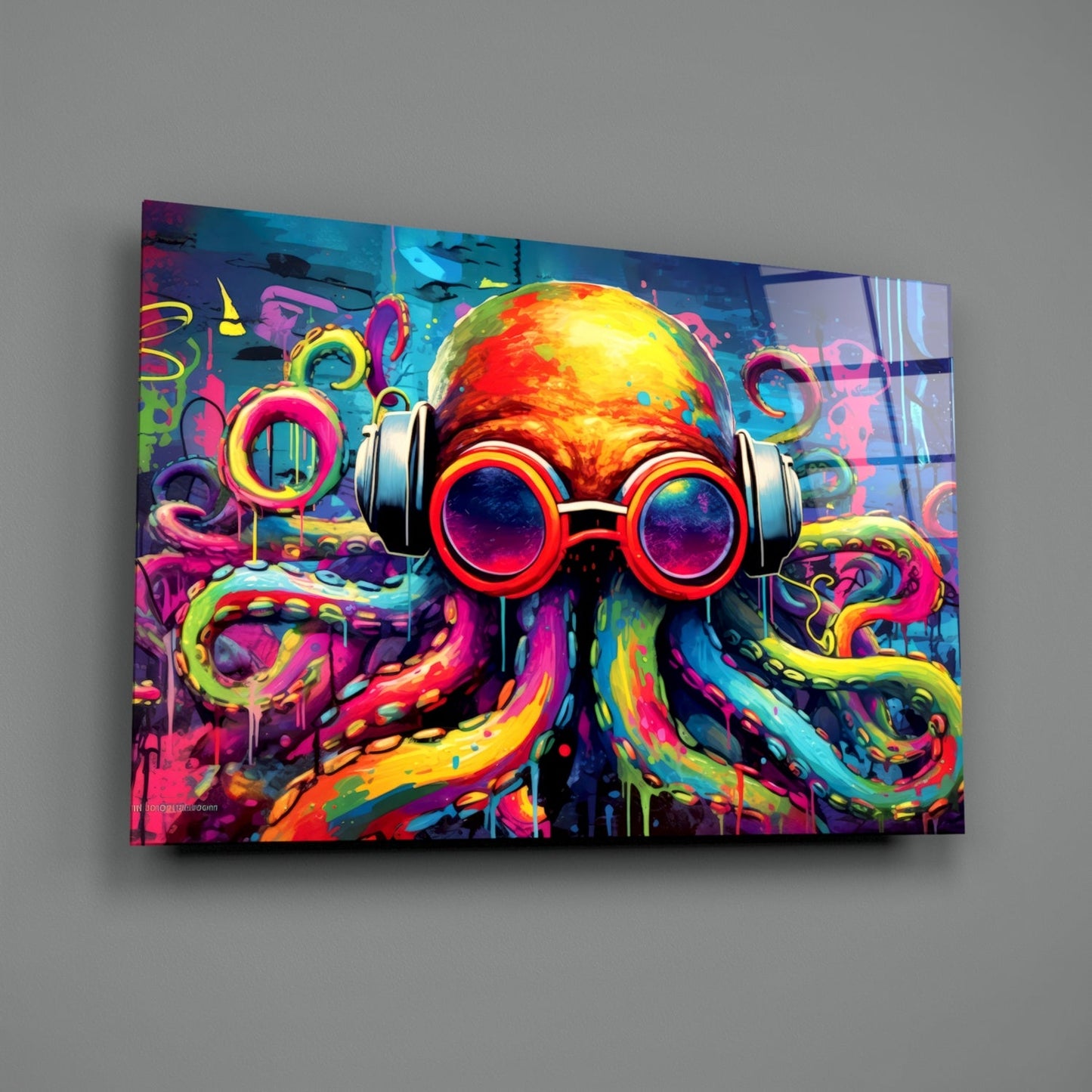 Colorful glass wall art depicting a vibrant neon octopus wearing headphones and red goggles against a multicolored abstract background.