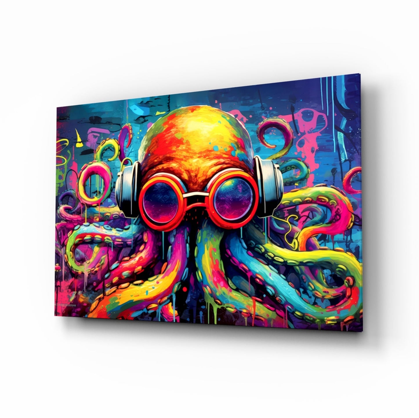 Vibrant neon octopus artwork on glass panel with headphones and glowing yellow orb against colorful abstract background.