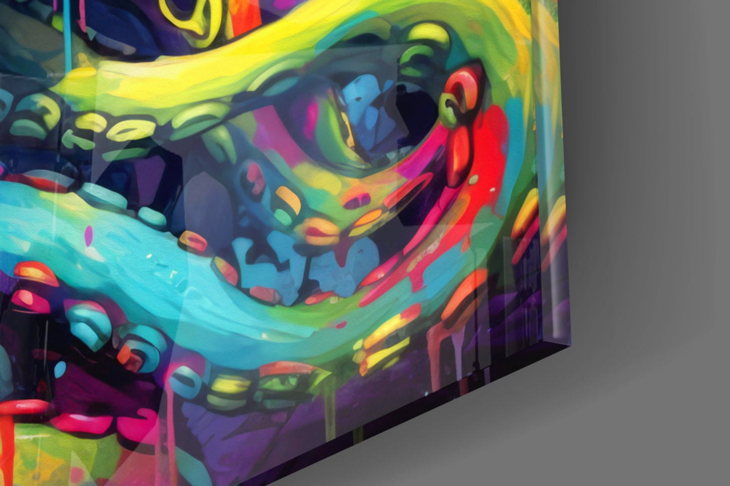 Colorful glass wall art featuring a vibrant octopus with neon yellow, green, cyan, red, and magenta tentacles against gray background.