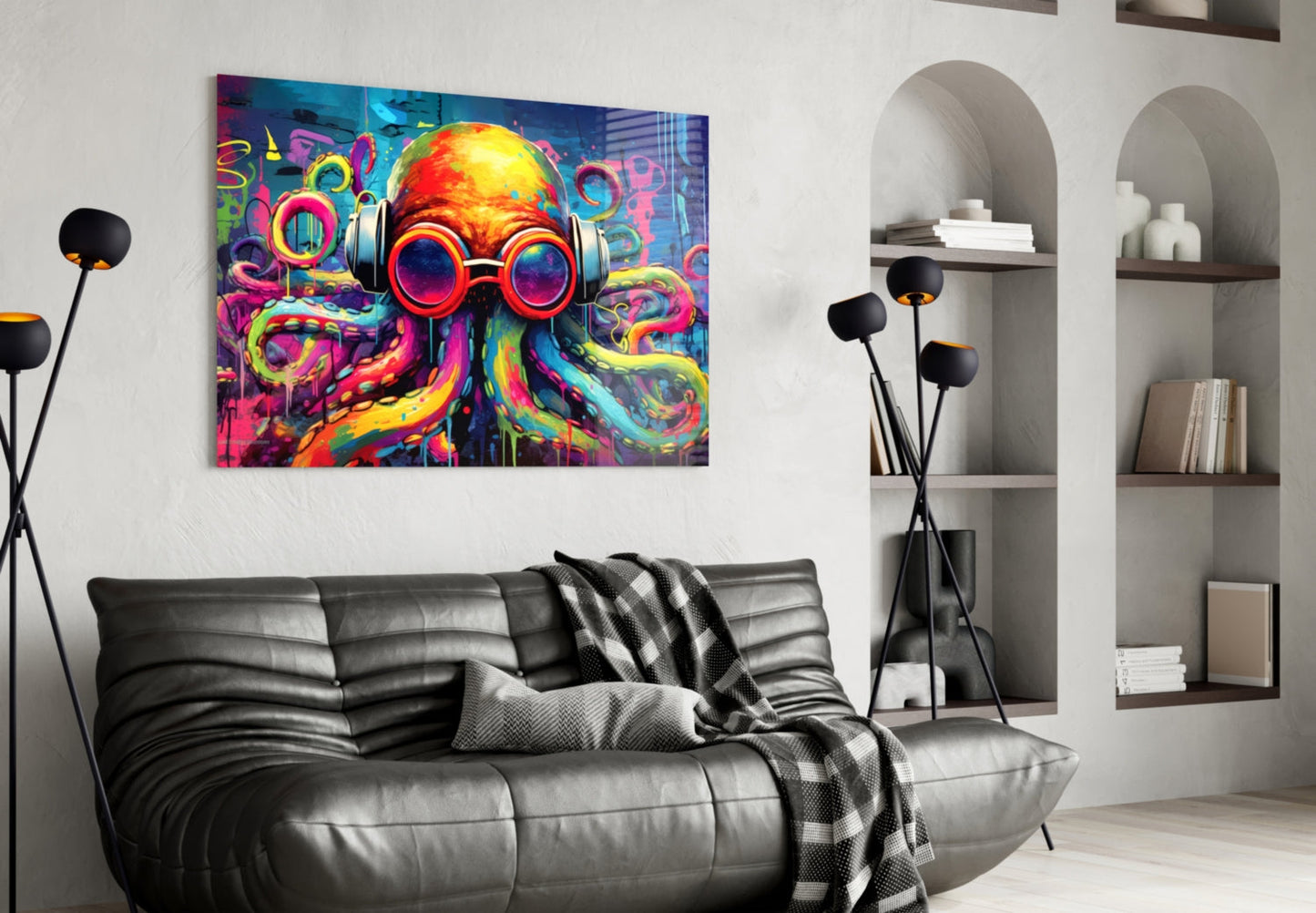 Colorful pop art octopus wearing headphones and sunglasses displayed on white wall above black leather sofa in modern living room.