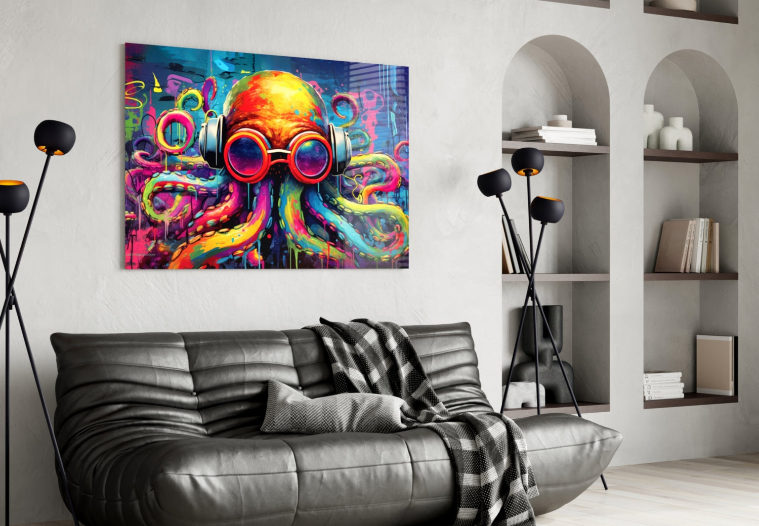 Colorful pop art octopus wearing headphones and sunglasses displayed on white wall above black leather sofa in modern living room.