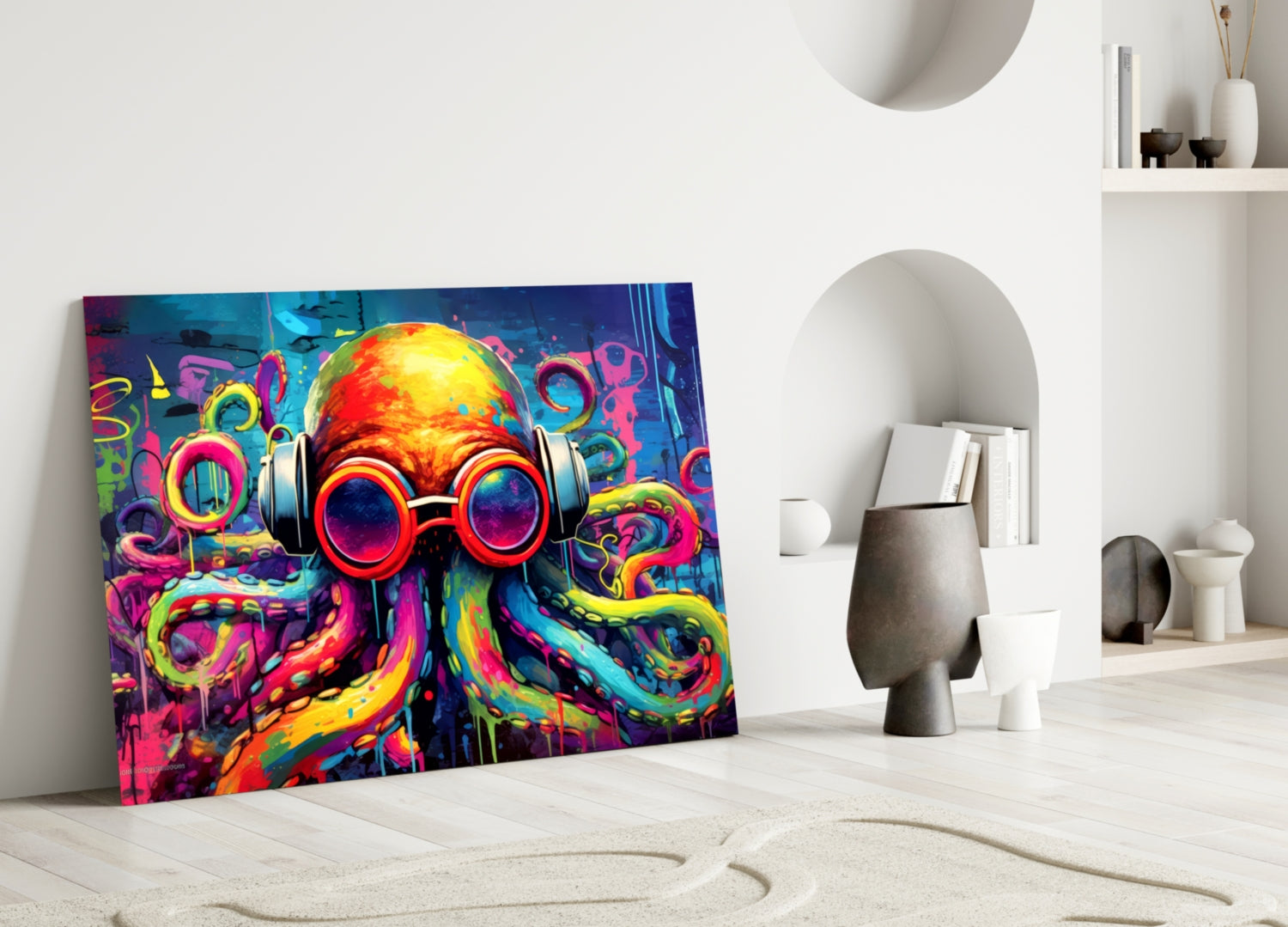 Vibrant neon octopus artwork with headphones and goggles leaning against white interior wall with shelving.