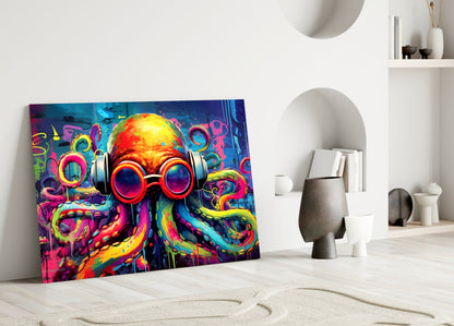 Vibrant neon octopus artwork with headphones and goggles leaning against white interior wall with shelving.