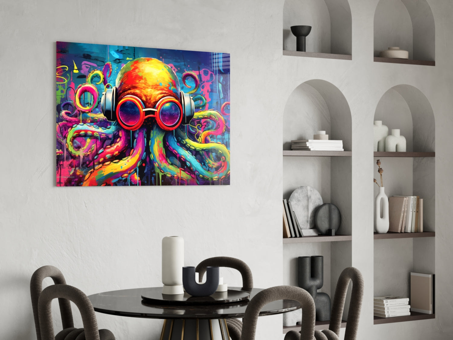 Vibrant glass wall art of a colorful octopus wearing headphones and sunglasses displayed above a round black dining table in a modern interior.