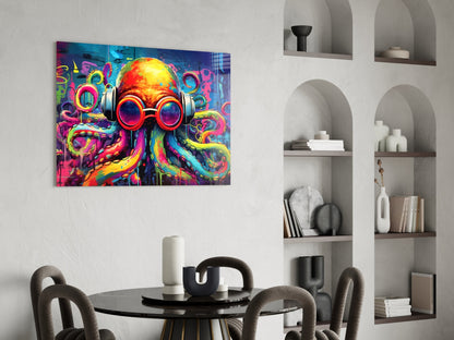 Vibrant glass wall art of a colorful octopus wearing headphones and sunglasses displayed above a round black dining table in a modern interior.