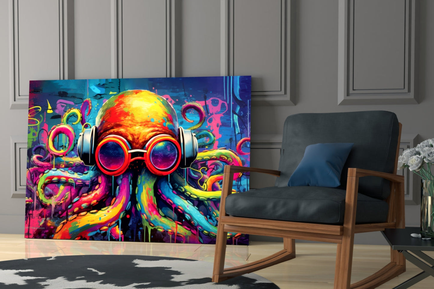 Vibrant neon octopus glass art with glowing red goggles and colorful tentacles displayed next to a wooden rocking chair in a modern interior.