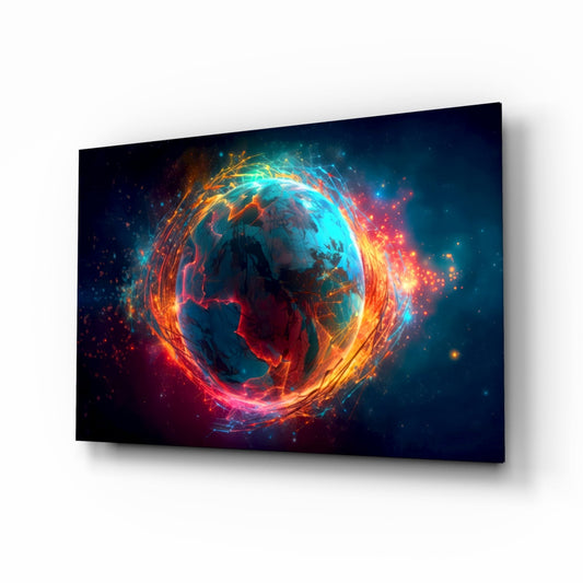 A glowing Earth globe surrounded by swirling orange, red, and cyan energy trails against a dark starry background, displayed at an angled perspective.
