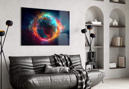 Fiery Orbit Blue Earth Globe Glass Wall Art