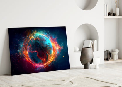 Fiery Orbit Blue Earth Globe Glass Wall Art
