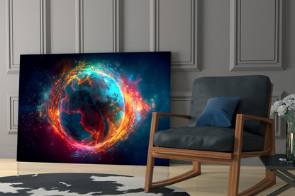 Fiery Orbit Blue Earth Globe Glass Wall Art