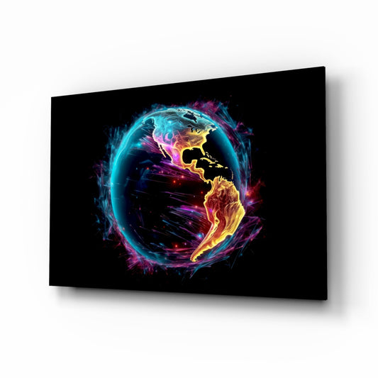 Neon-illuminated glass globe wall art displaying North and South America in vibrant cyan, yellow, and magenta neon against black background, angled three-quarter view.