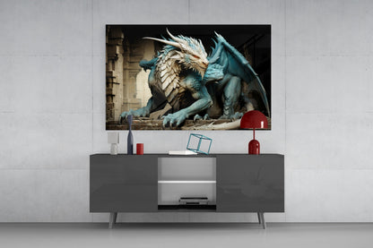 Icy Blue Scaled Dragon Glass Wall Art