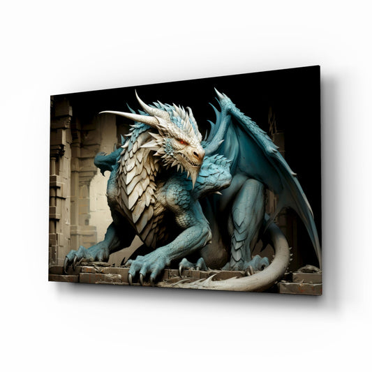Icy blue and cream scaled dragon sculpture with spread wings mounted on dark background glass panel, displayed at angle showing 3D depth.
