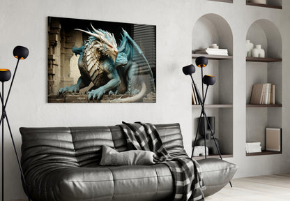 Icy Blue Scaled Dragon Glass Wall Art