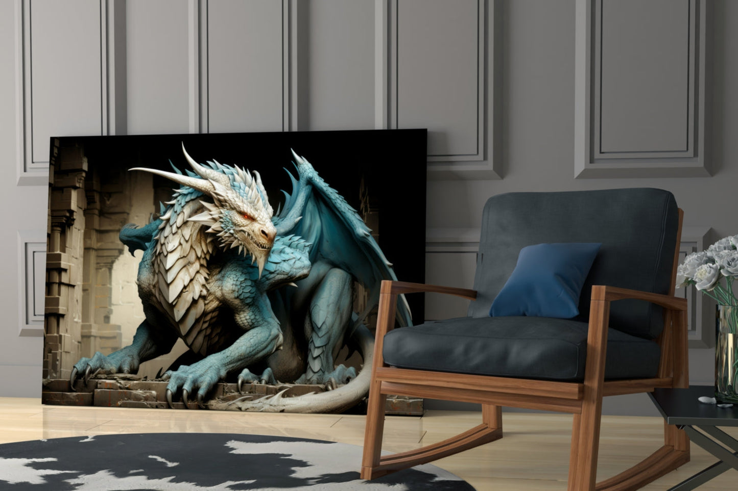 Icy Blue Scaled Dragon Glass Wall Art