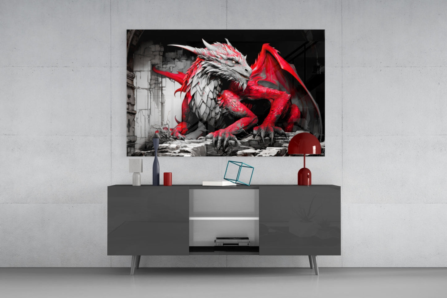Crimson Red Winged Dragon Glass Wall Art