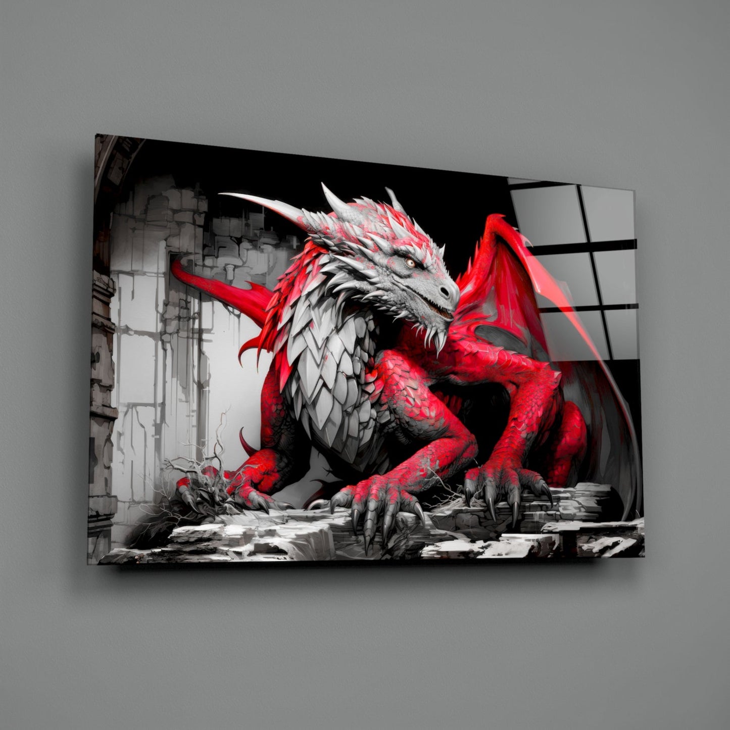 Crimson Red Winged Dragon Glass Wall Art