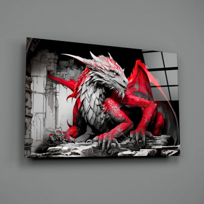 Crimson Red Winged Dragon Glass Wall Art