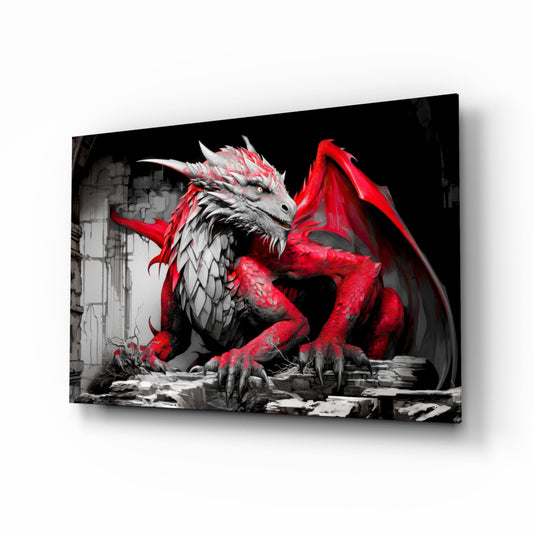 Red and gray dragon with spread wings on black background, displayed as angled glass wall art panel.