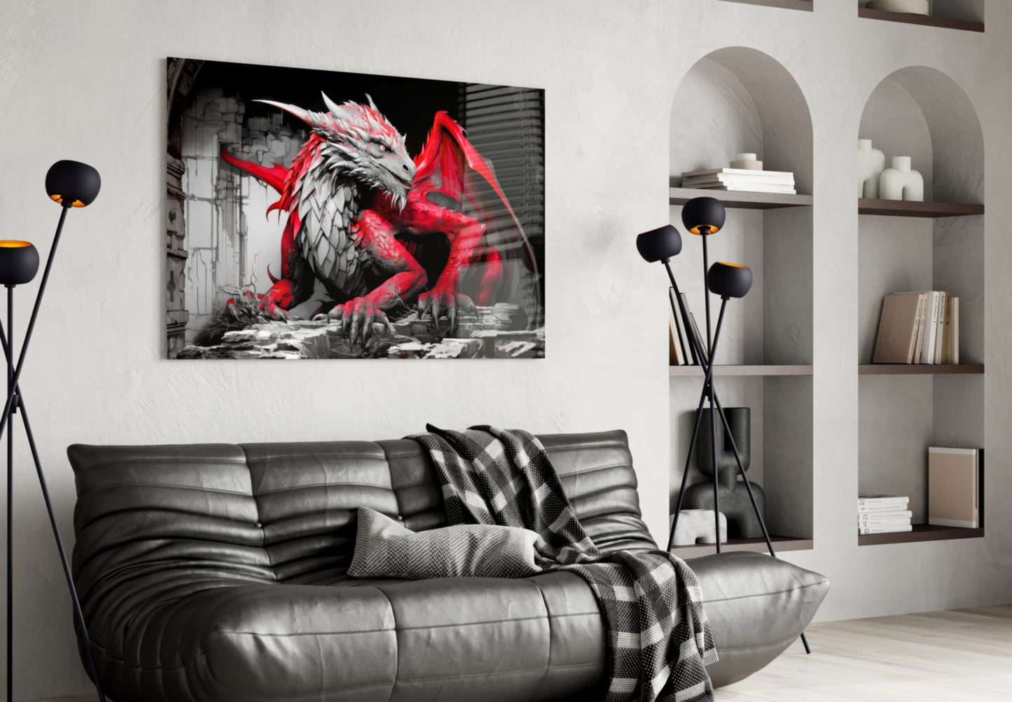 Crimson Red Winged Dragon Glass Wall Art