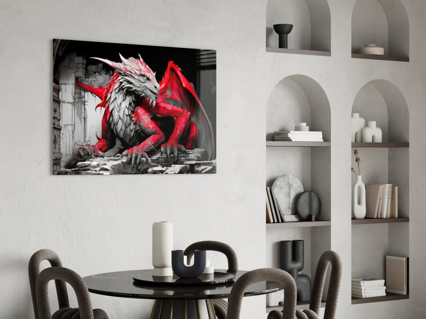 Crimson Red Winged Dragon Glass Wall Art