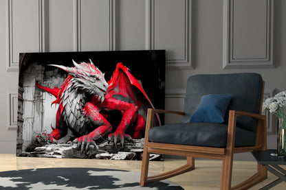 Crimson Red Winged Dragon Glass Wall Art