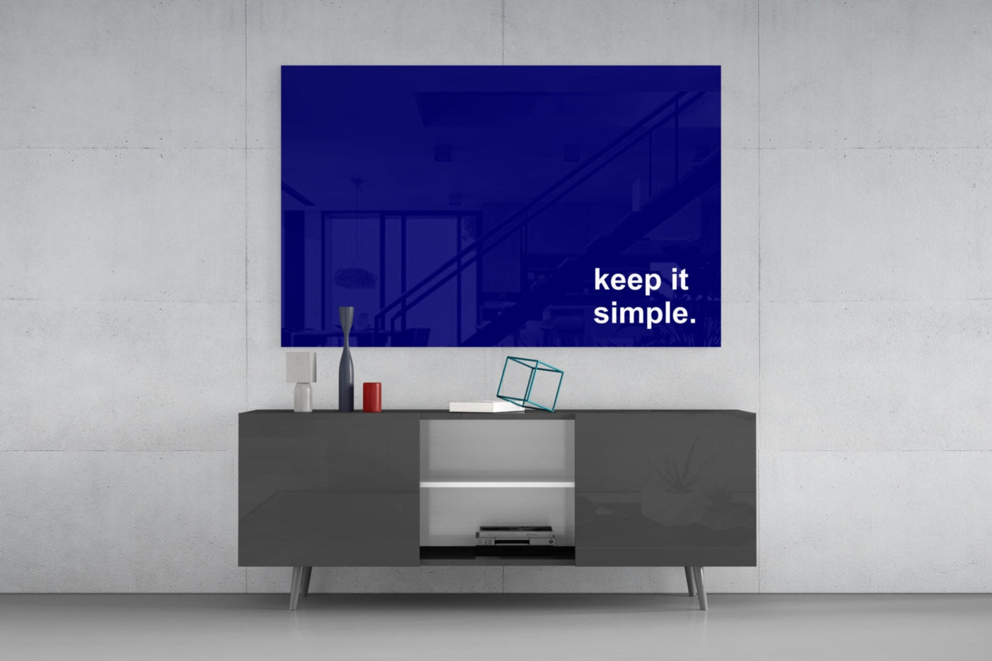 Keep It Simple Navy Blue Slogan Glass Wall Art