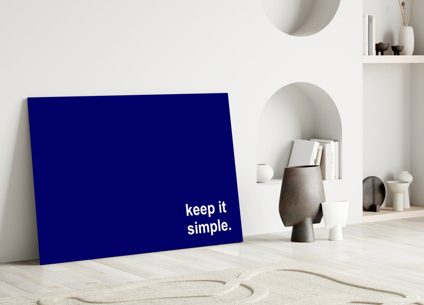 Keep It Simple Navy Blue Slogan Glass Wall Art