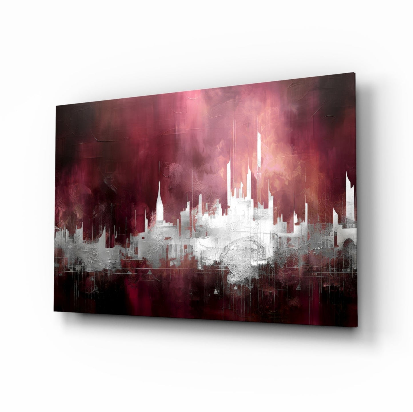Crimson Mist Abstract Skyline Glass Wall Art