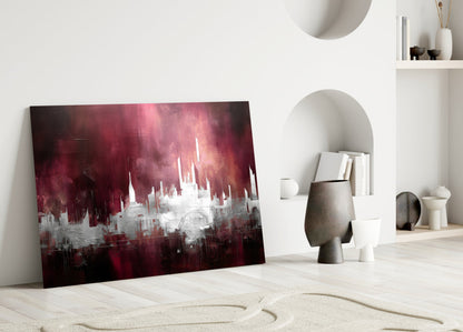 Crimson Mist Abstract Skyline Glass Wall Art