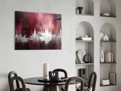 Crimson Mist Abstract Skyline Glass Wall Art