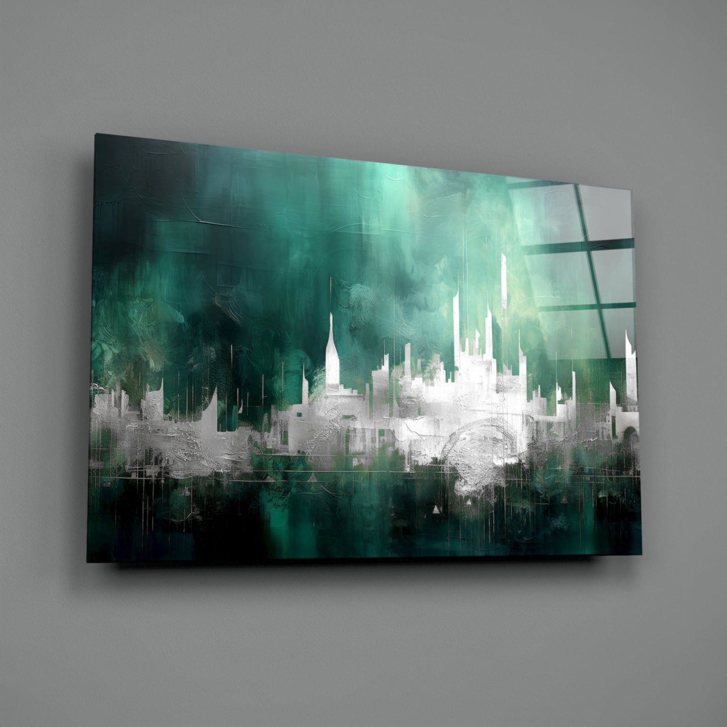 Emerald Mist Abstract Skyline Glass Wall Art