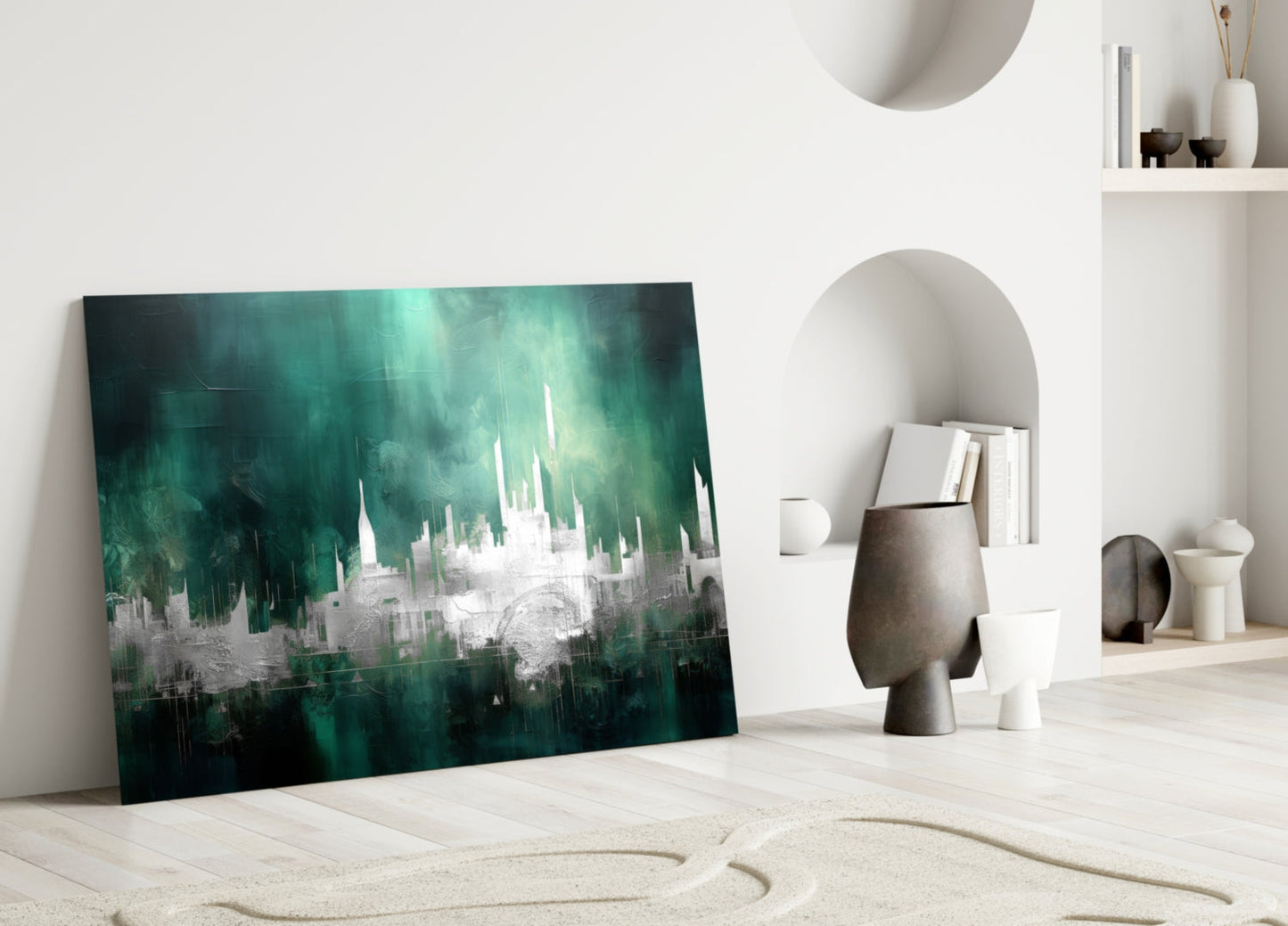 Emerald Mist Abstract Skyline Glass Wall Art