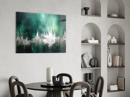 Emerald Mist Abstract Skyline Glass Wall Art