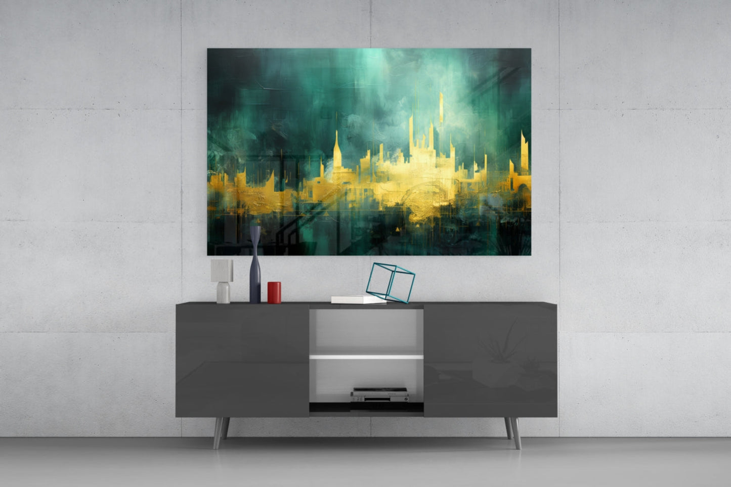 Golden Skyline Teal Mist Glass Wall Art