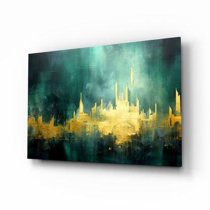 Golden Skyline Teal Mist Glass Wall Art