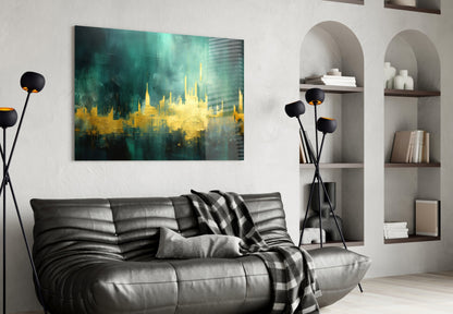 Golden Skyline Teal Mist Glass Wall Art